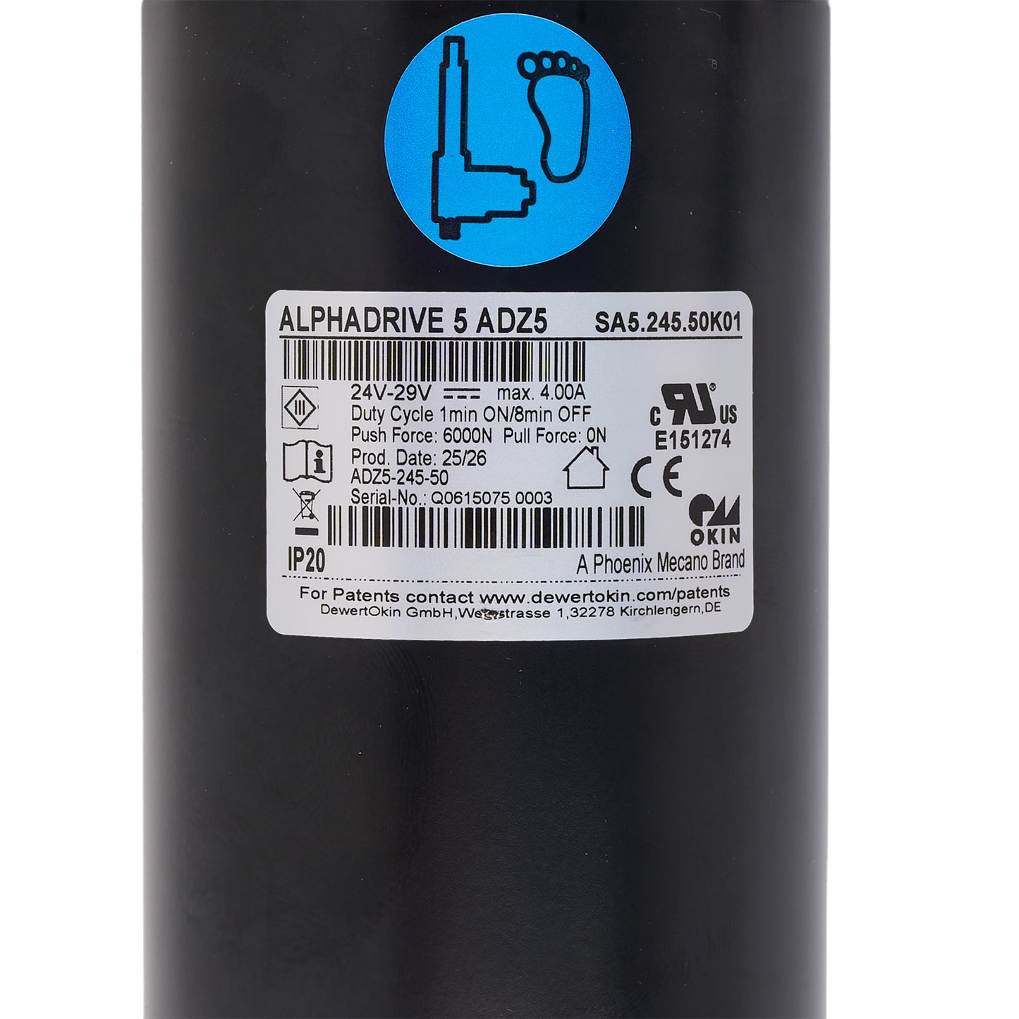 Close-up of the side of a black cylindrical product with a white product label and a blue circular icon near the top. The label reads ALPHADRIVE 5 ADZ5 and includes barcodes and certification marks.
