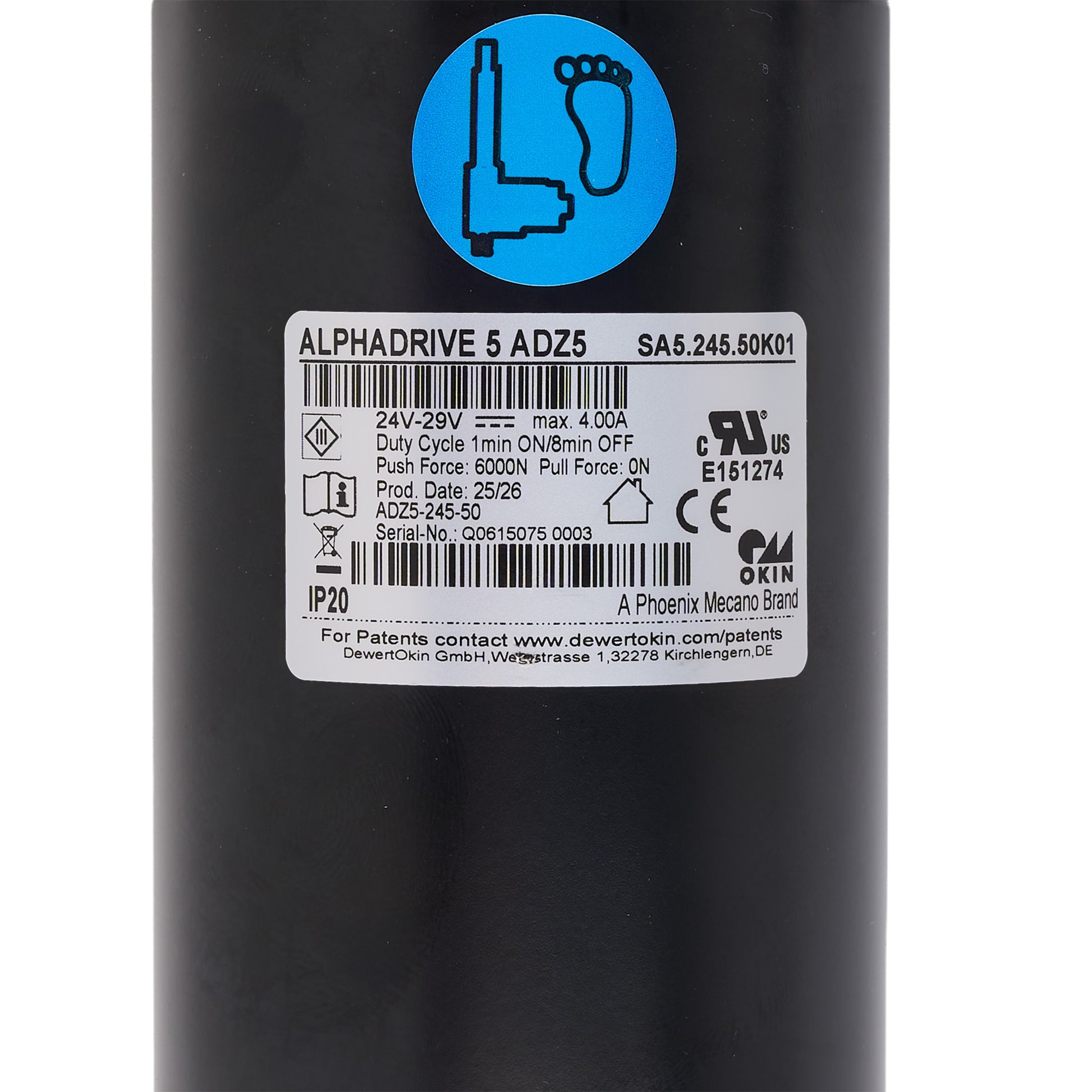 Close-up of the side of a black cylindrical product with a white product label and a blue circular icon near the top. The label reads ALPHADRIVE 5 ADZ5 and includes barcodes and certification marks.