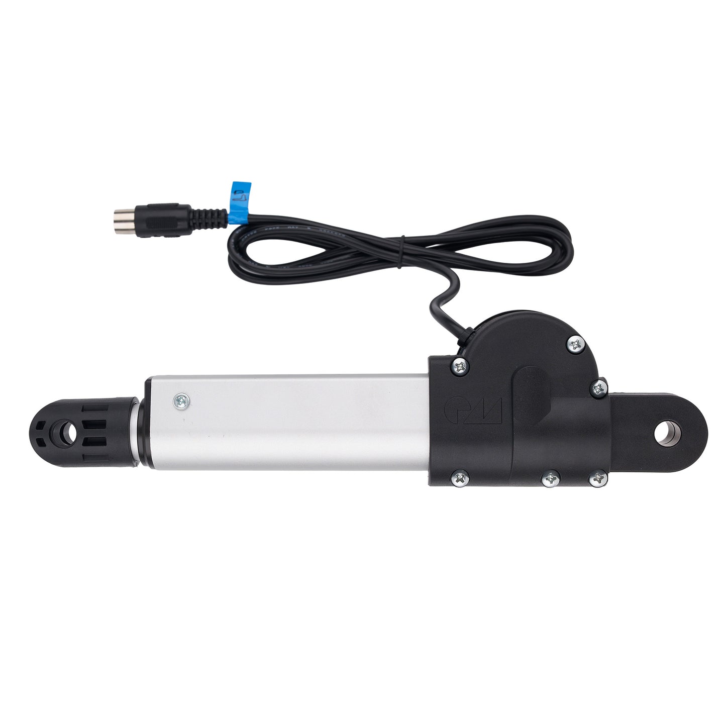 An electric linear motor with a silver aluminum body, black plastic end caps and mounting bracket, connected to a black power cable with a blue connector plug, shown on a plain white background.