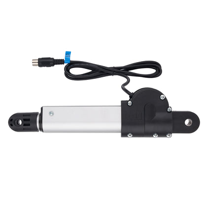 An electric linear motor with a silver aluminum body, black plastic end caps and mounting bracket, connected to a black power cable with a blue connector plug, shown on a plain white background.