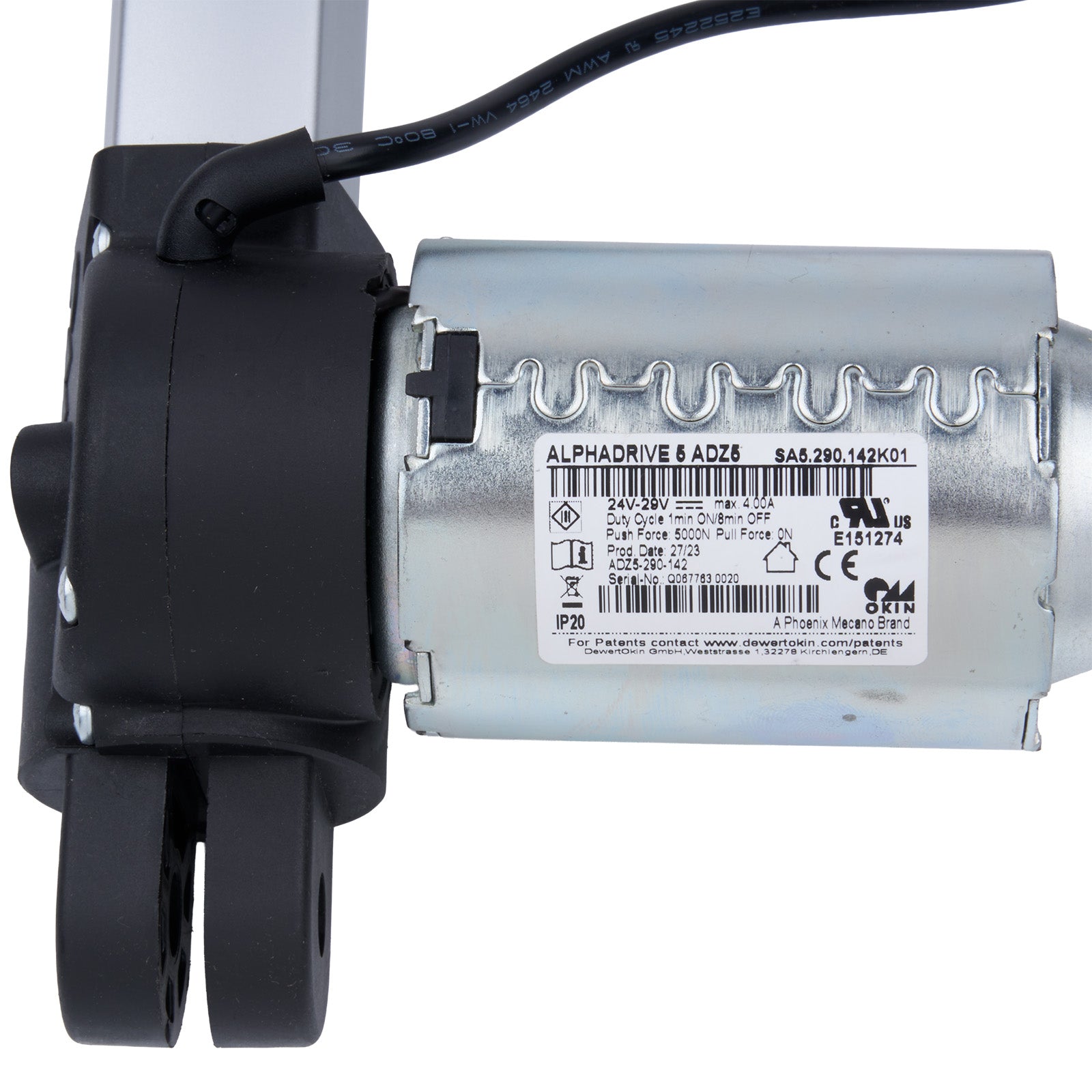 Mechanical component with a label on a white background