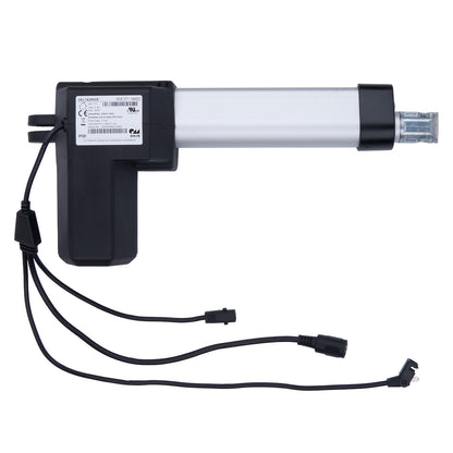 Electrical actuator with black housing and white cylindrical component on a white background