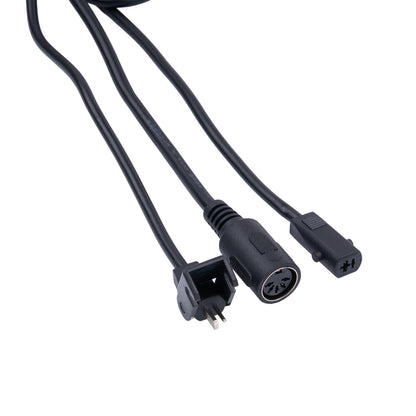 Black power cable with multiple connectors on a white background