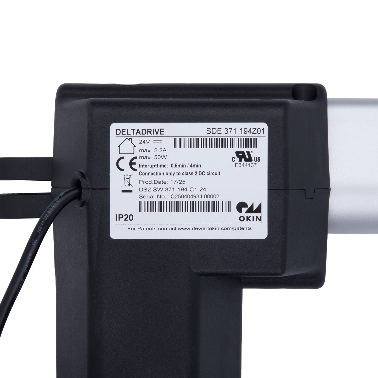 Black electrical component with OKIN branding and technical labels on a white background
