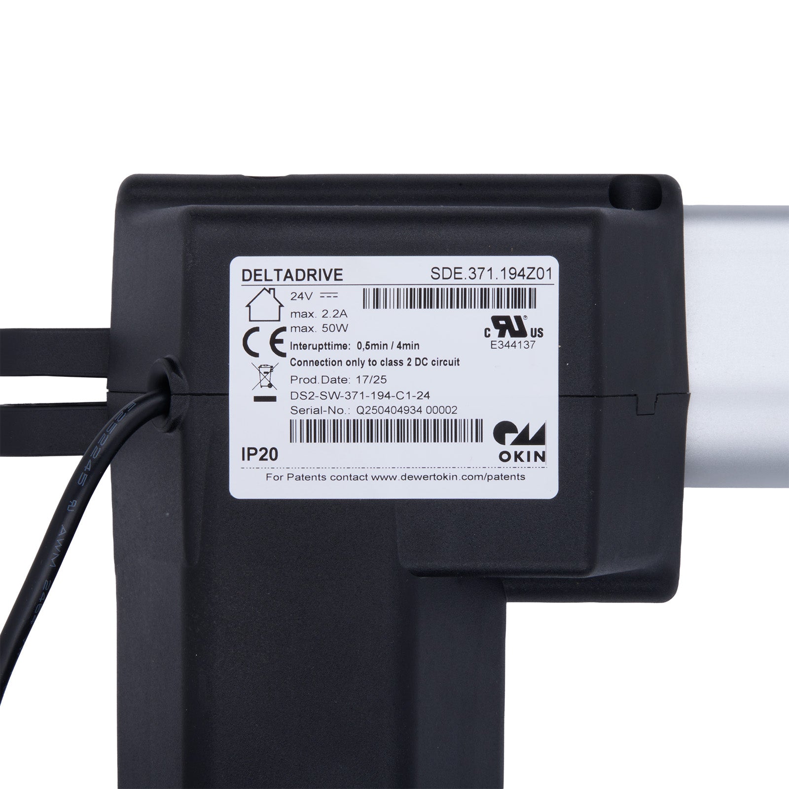 Black electrical component with OKIN branding and technical labels on a white background