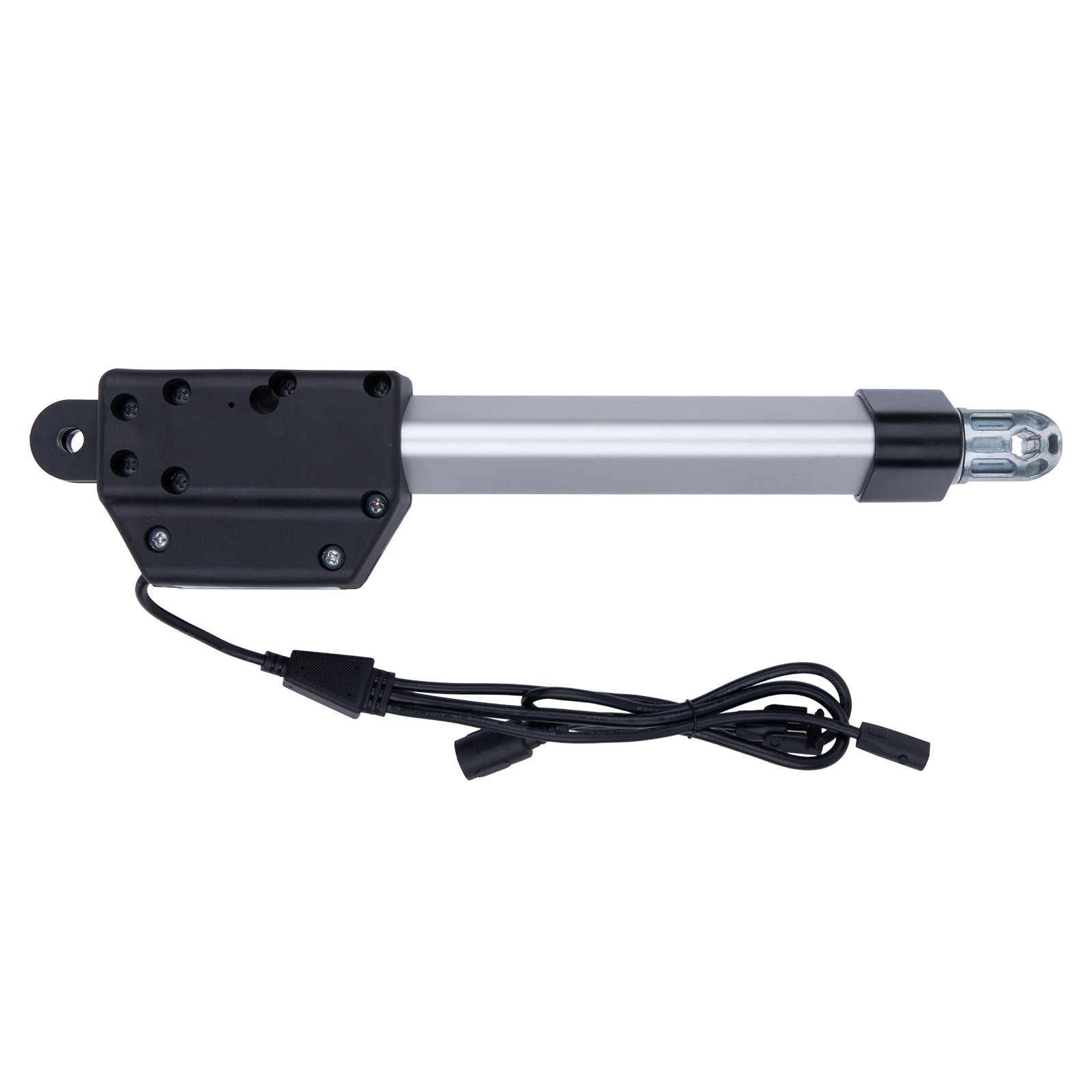 Linear actuator with black housing and cable on a white background