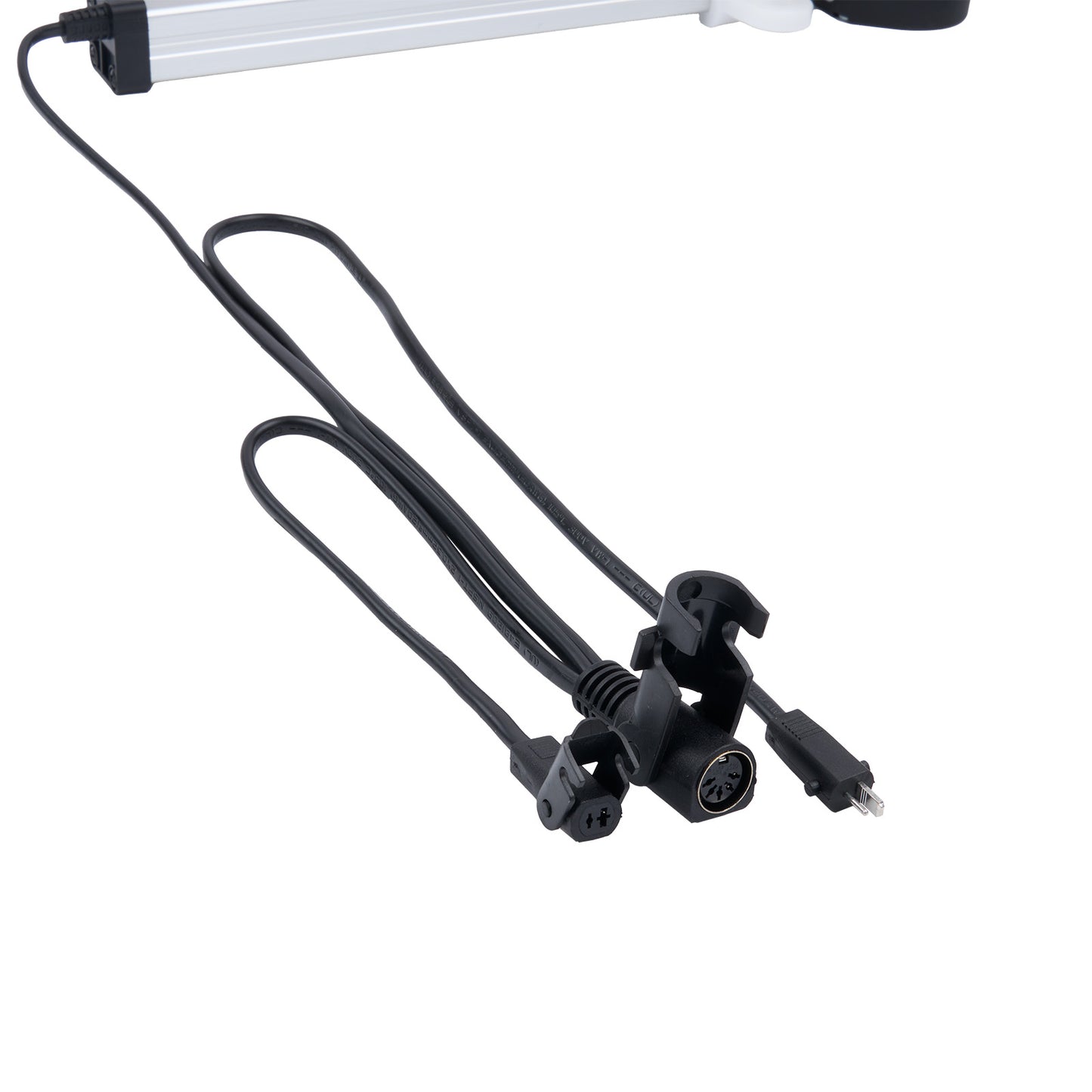 Black power cable with connectors on a white background