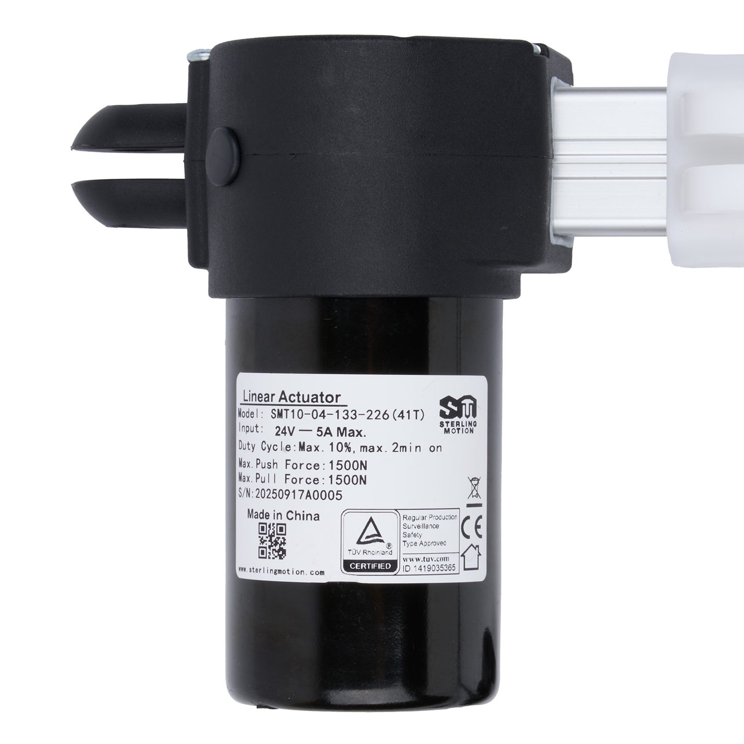 Black linear actuator with a label on a white background