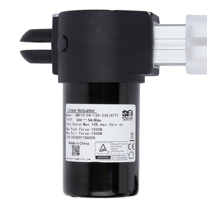 Black linear actuator with a label on a white background