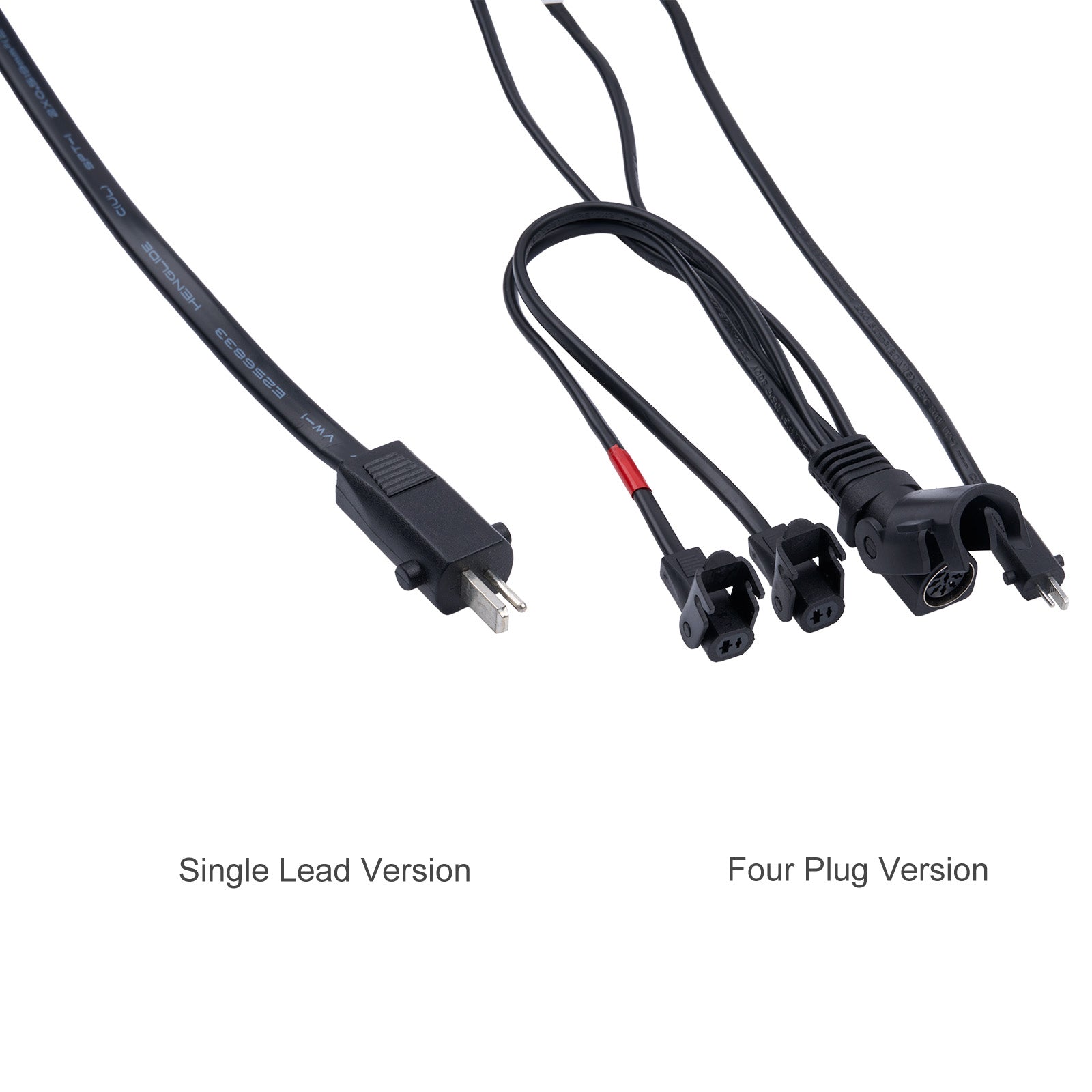 Two power leads, one single lead and one four plug version, on a white background.