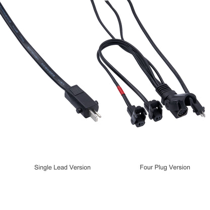 Two power leads, one single lead and one four plug version, on a white background.