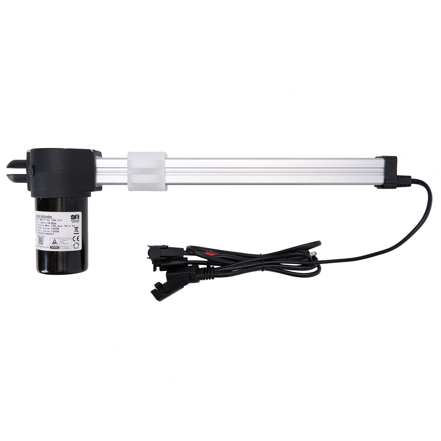 A SMT linear actuator for recliner or lift chair, including the actuator body, a black power adapter, and connecting cables.