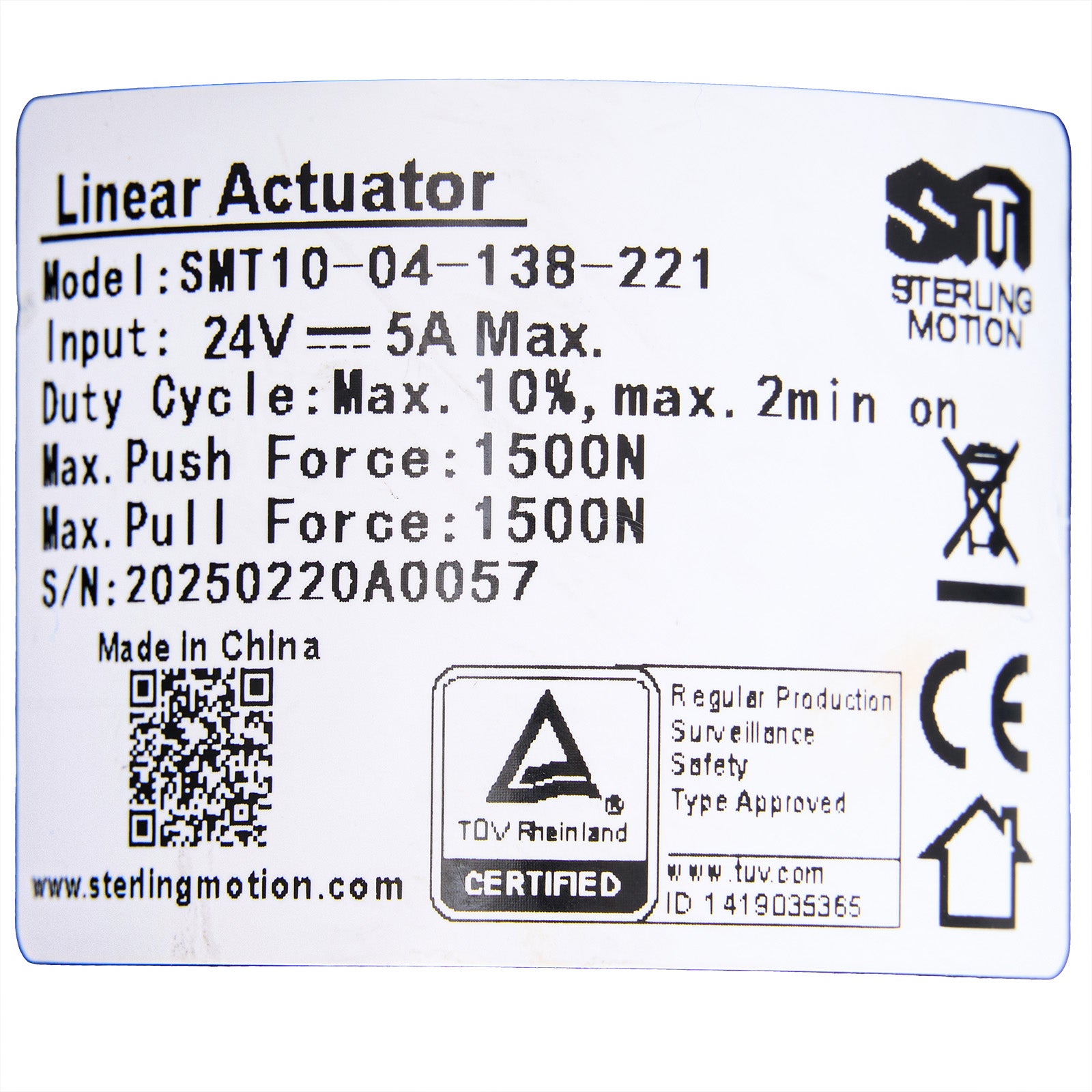 Technical specifications label for a linear actuator on a white background.