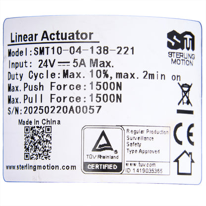 Technical specifications label for a linear actuator on a white background.