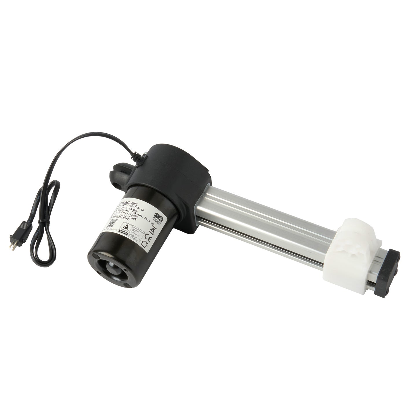 A black linear actuator with a male 2 pin plug, designed for use in power recliners or lift chairs. It has a metallic shaft and a black motor housing with wires attached.