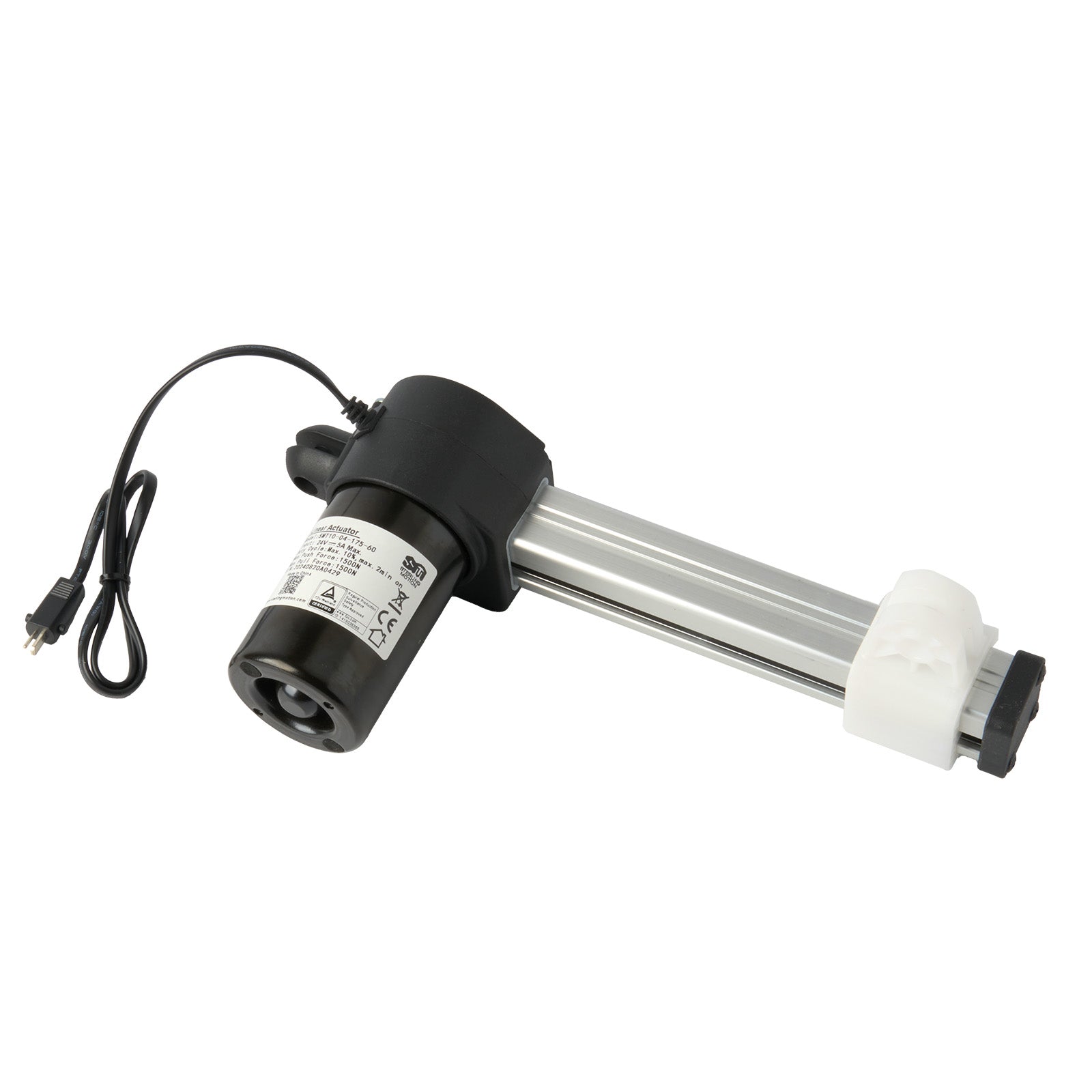 A black linear actuator with a male 2 pin plug, designed for use in power recliners or lift chairs. It has a metallic shaft and a black motor housing with wires attached.