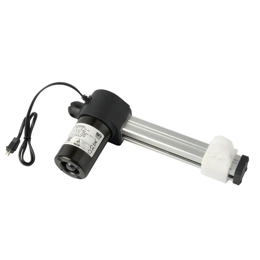 A black linear actuator with a male 2 pin plug, designed for use in power recliners or lift chairs. It has a metallic shaft and a black motor housing with wires attached.