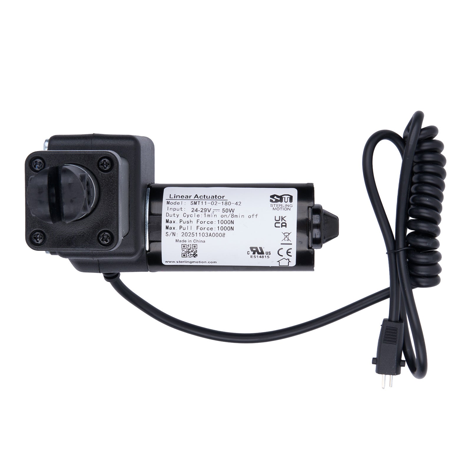 Black linear actuator with coiled cable on a white background