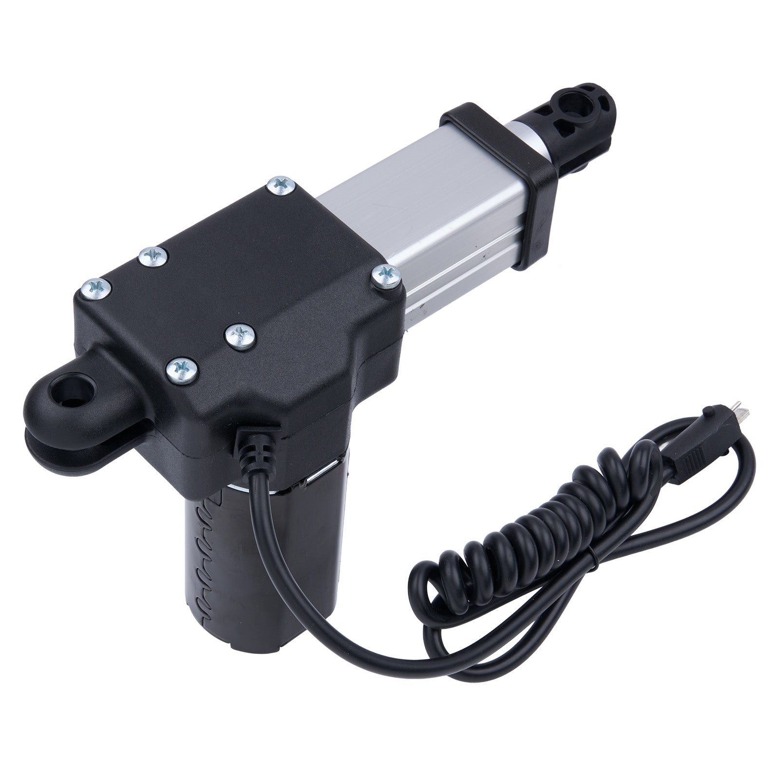 Black and silver actuator with a coiled cable on a white background