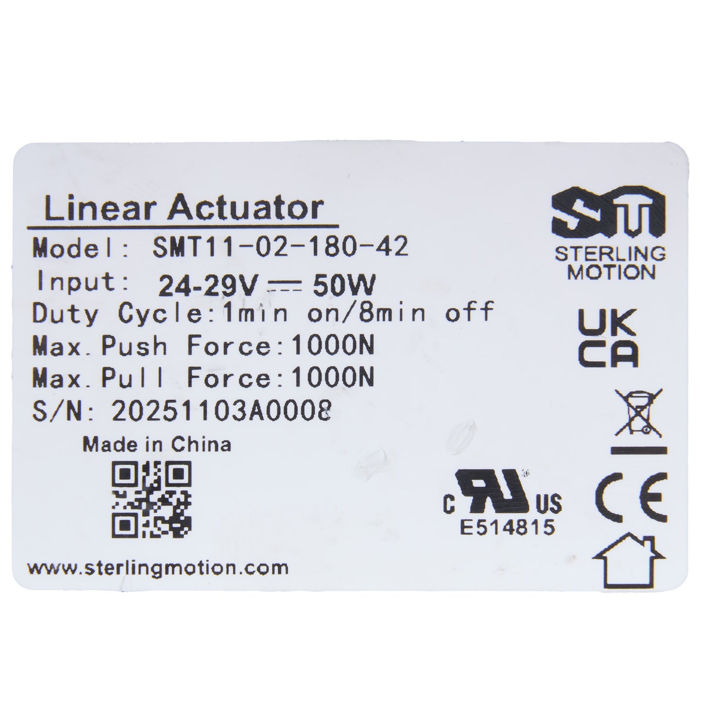 Label for a Linear Actuator with specifications and branding on a white background