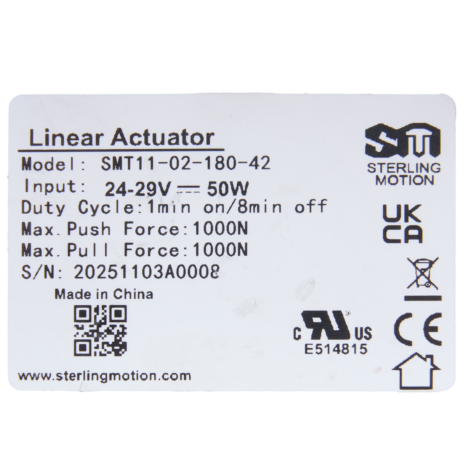 Label for a Linear Actuator with specifications and branding on a white background
