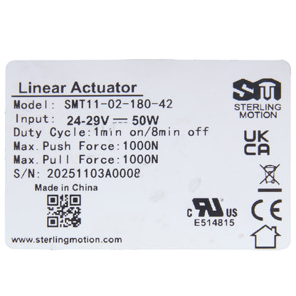 Label for a Linear Actuator with specifications and branding on a white background