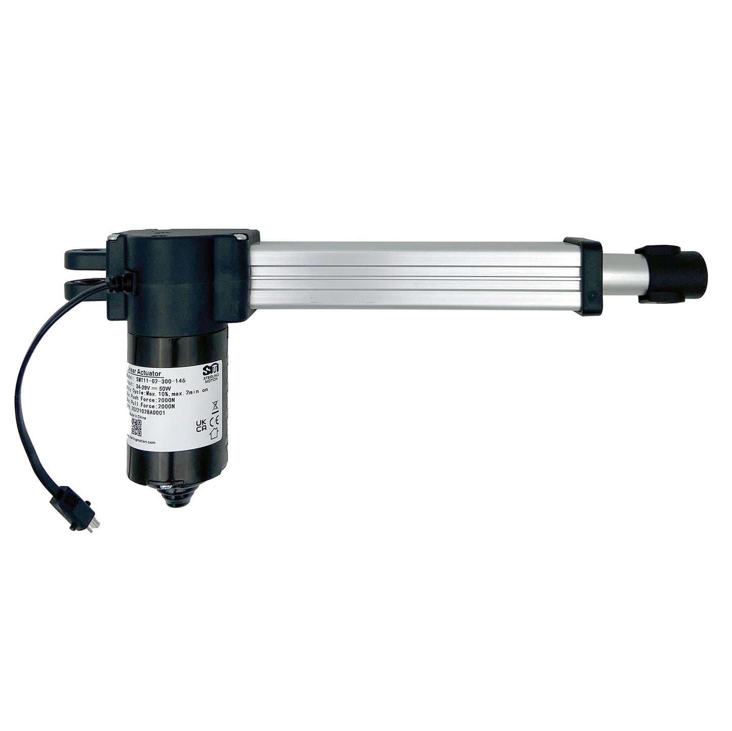A black and silver linear actuator, featuring a single lead with a 2 pin male plug, designed for use in power recliners or lift chairs.