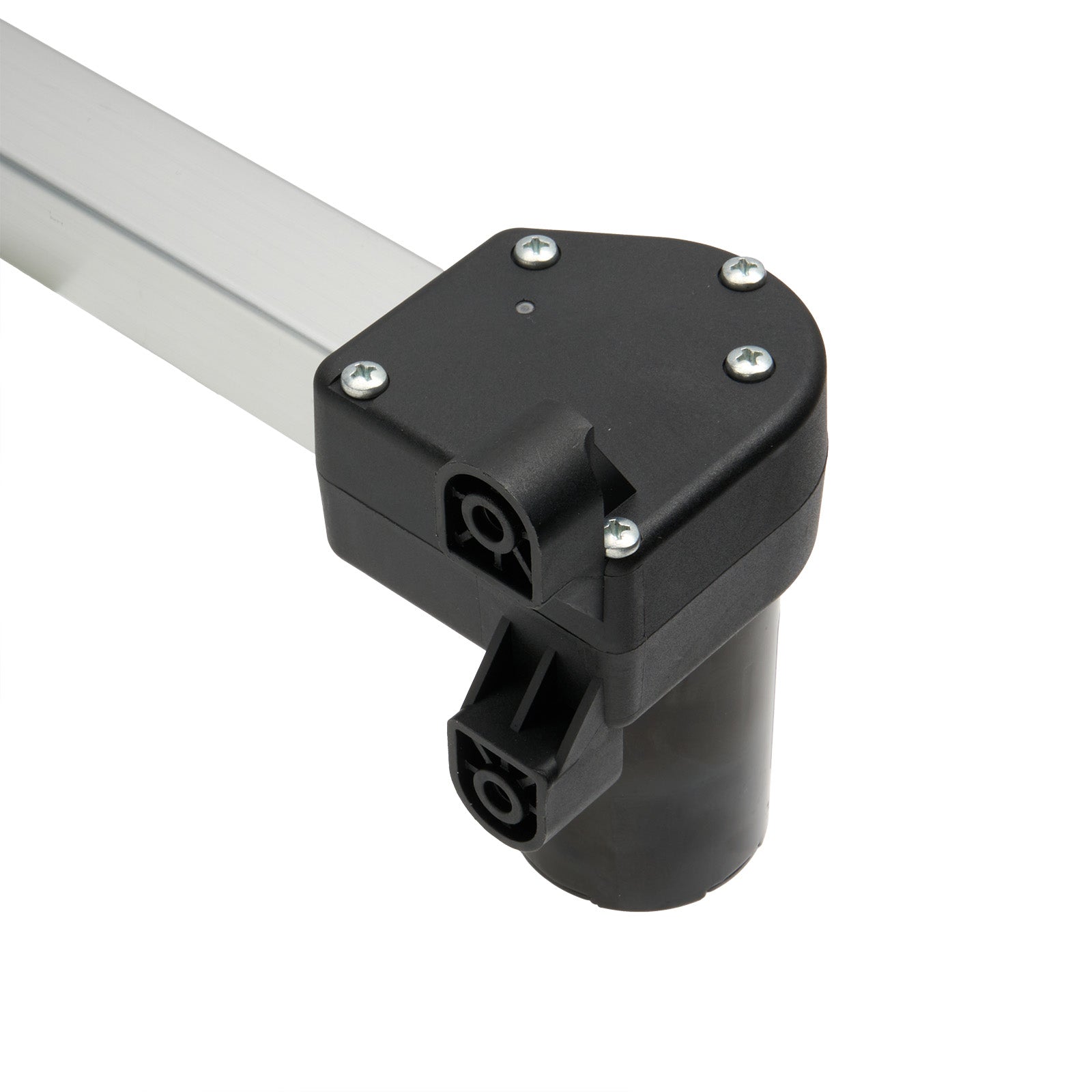 Black mechanical component with silver screws on a white background