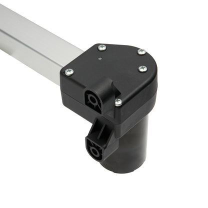 Black mechanical component with silver screws on a white background
