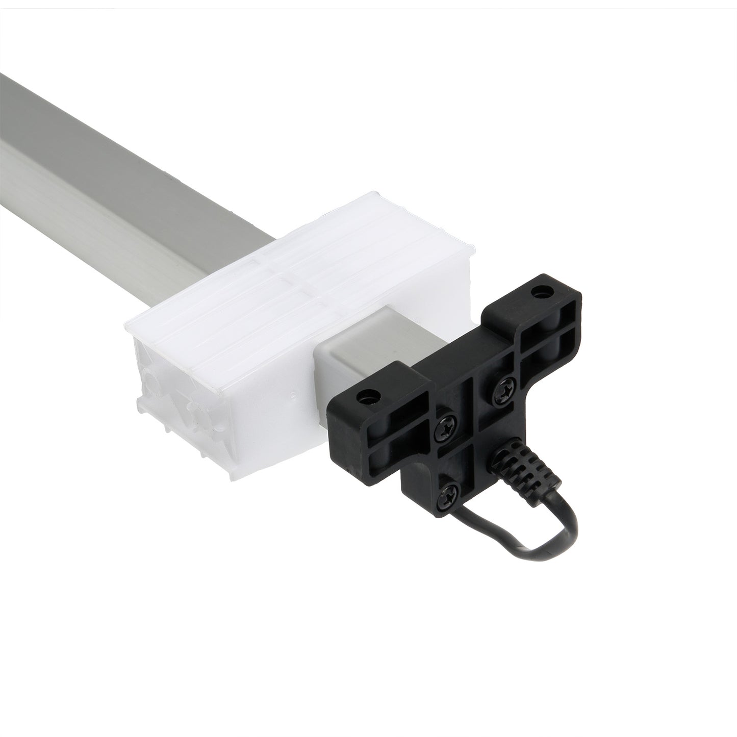 Black metal bracket attached to a white plastic component on a white background.