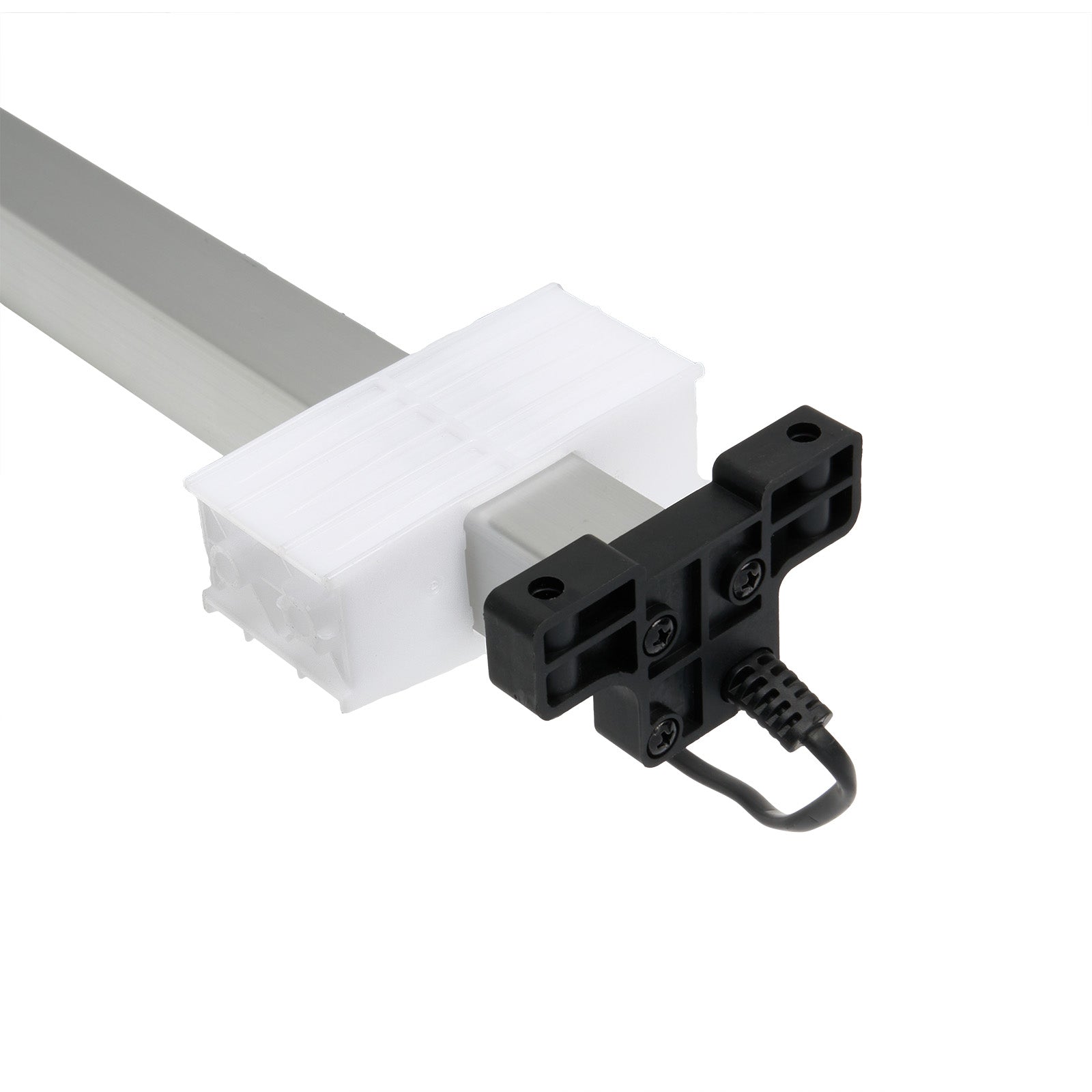 Black metal bracket attached to a white plastic component on a white background.