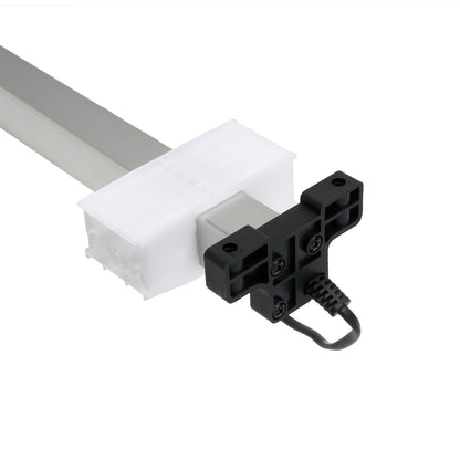 Black metal bracket attached to a white plastic component on a white background.