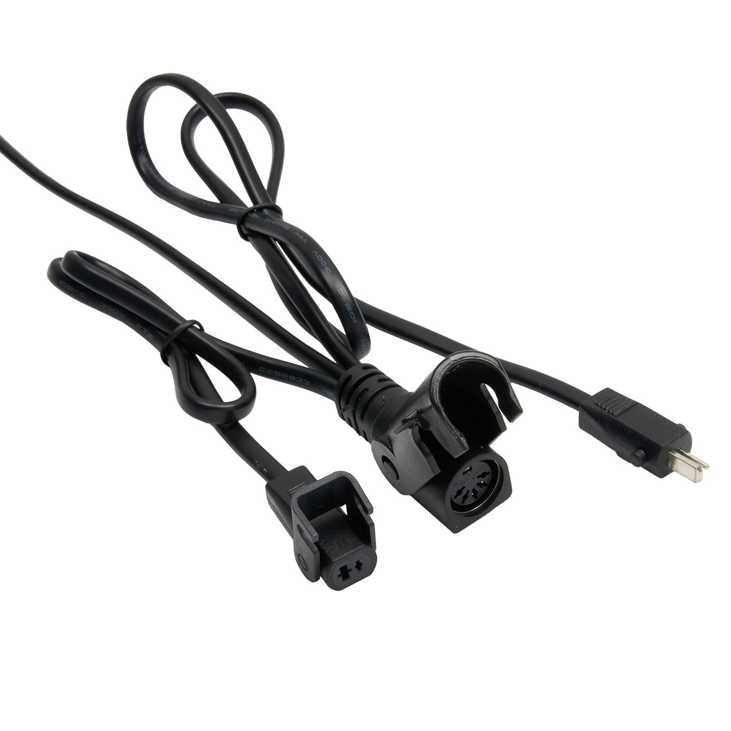 Black power cable with connectors on a white background