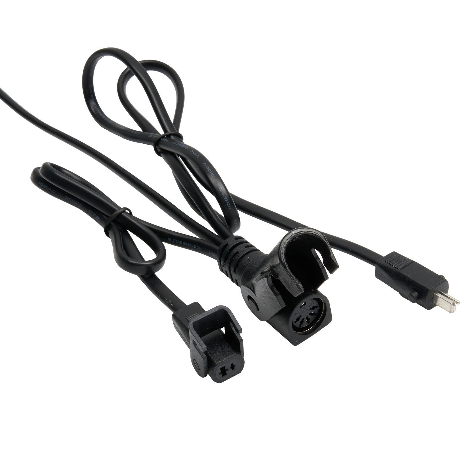 Black power cable with connectors on a white background