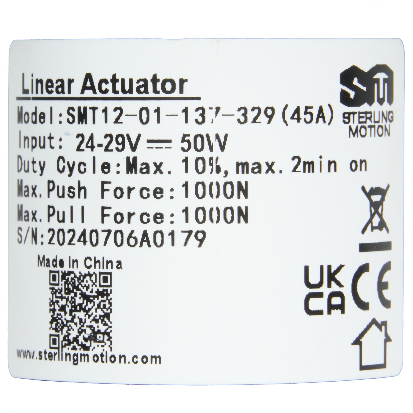 Technical specifications label for a linear actuator on a white background.