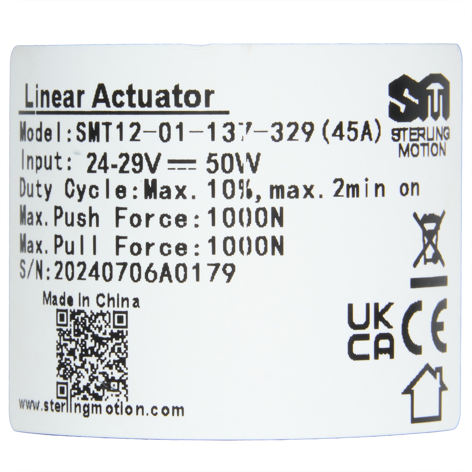 Technical specifications label for a linear actuator on a white background.