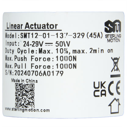 Technical specifications label for a linear actuator on a white background.