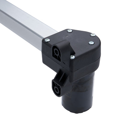 Black mechanical component with connectors on a white background