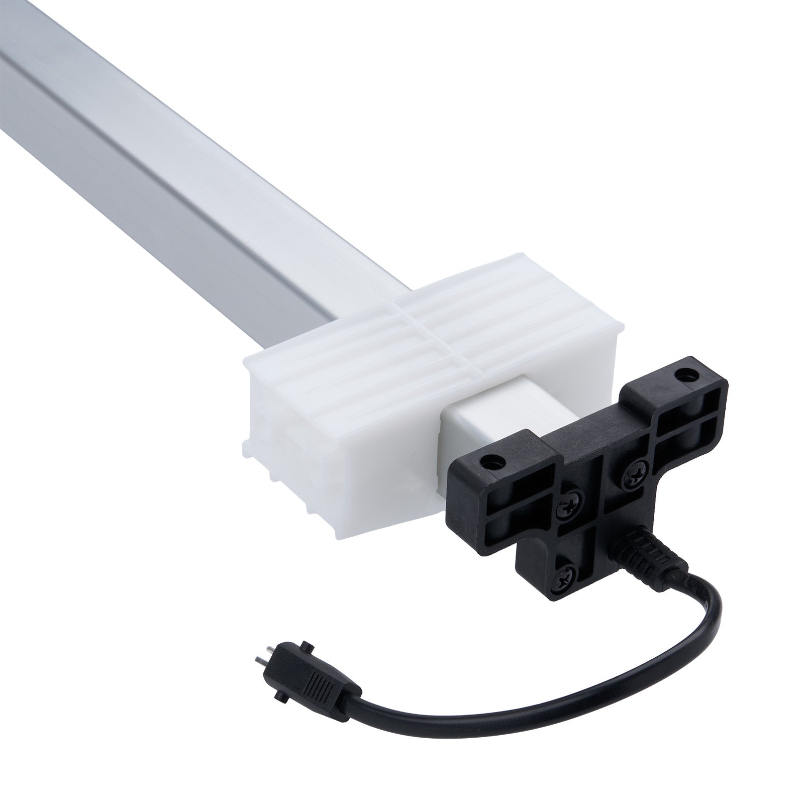 Light fixture with white plastic cover and black electrical connector on a white background