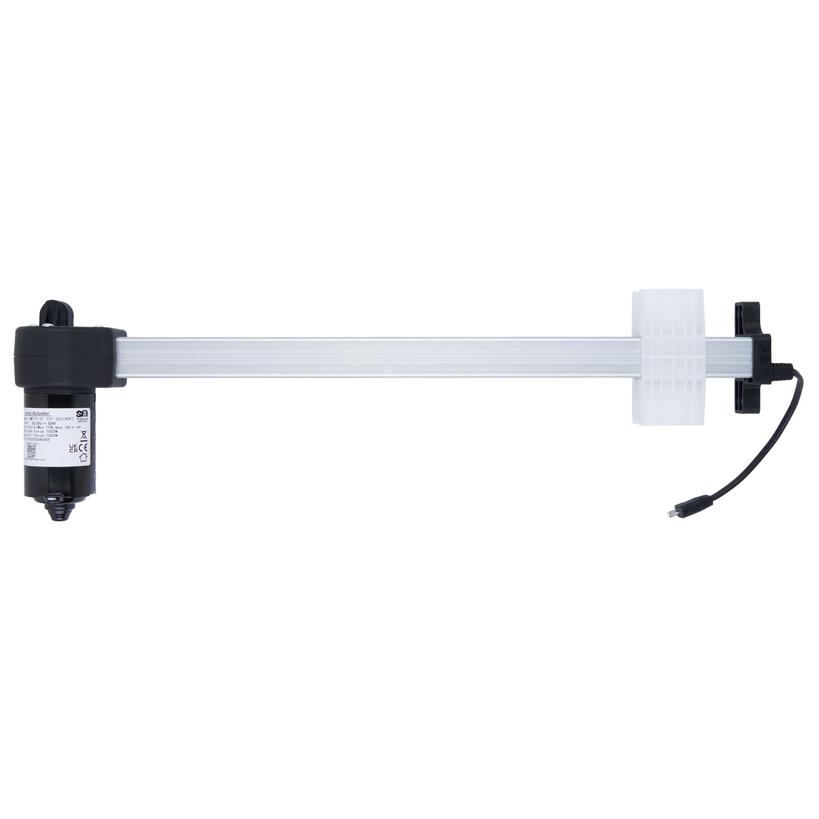 Light fixture with a cylindrical base and arm on a white background