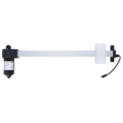 Light fixture with a cylindrical base and arm on a white background