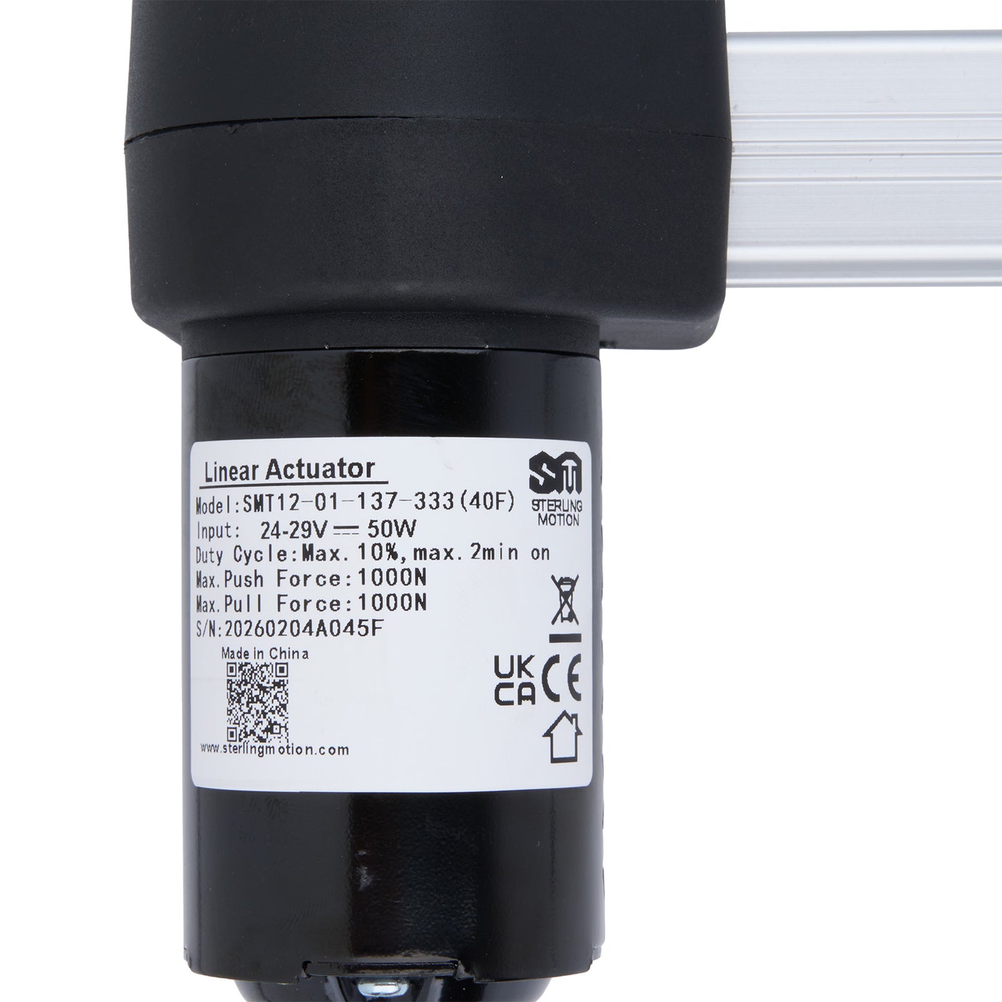 Linear actuator with a label on a white background