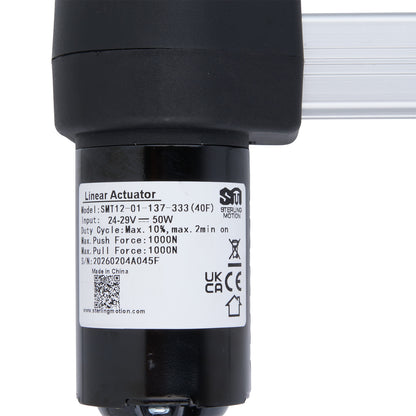 Linear actuator with a label on a white background