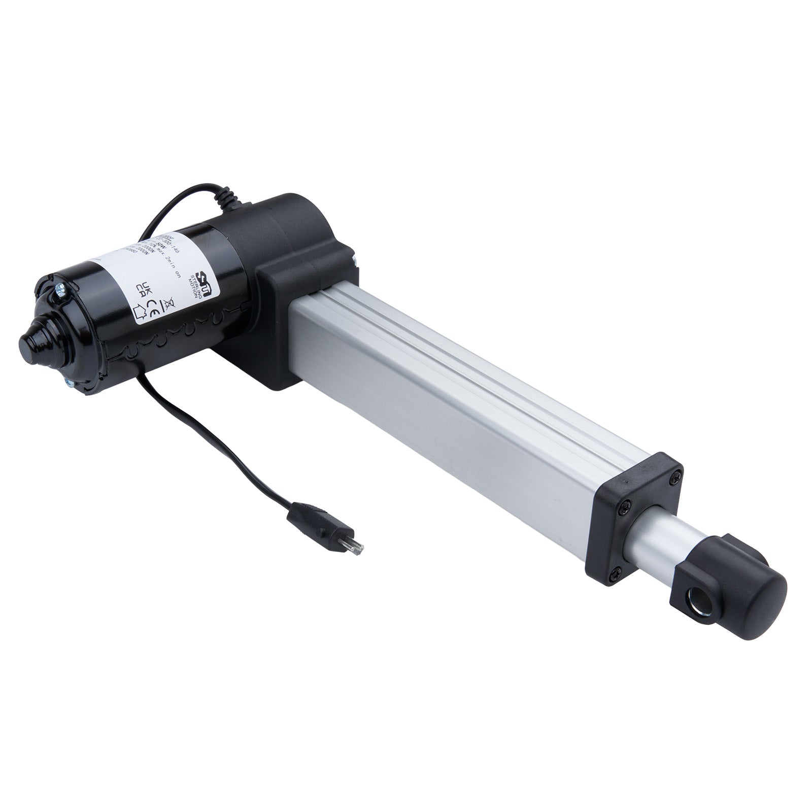 Linear actuator with black housing and white shaft on a white background