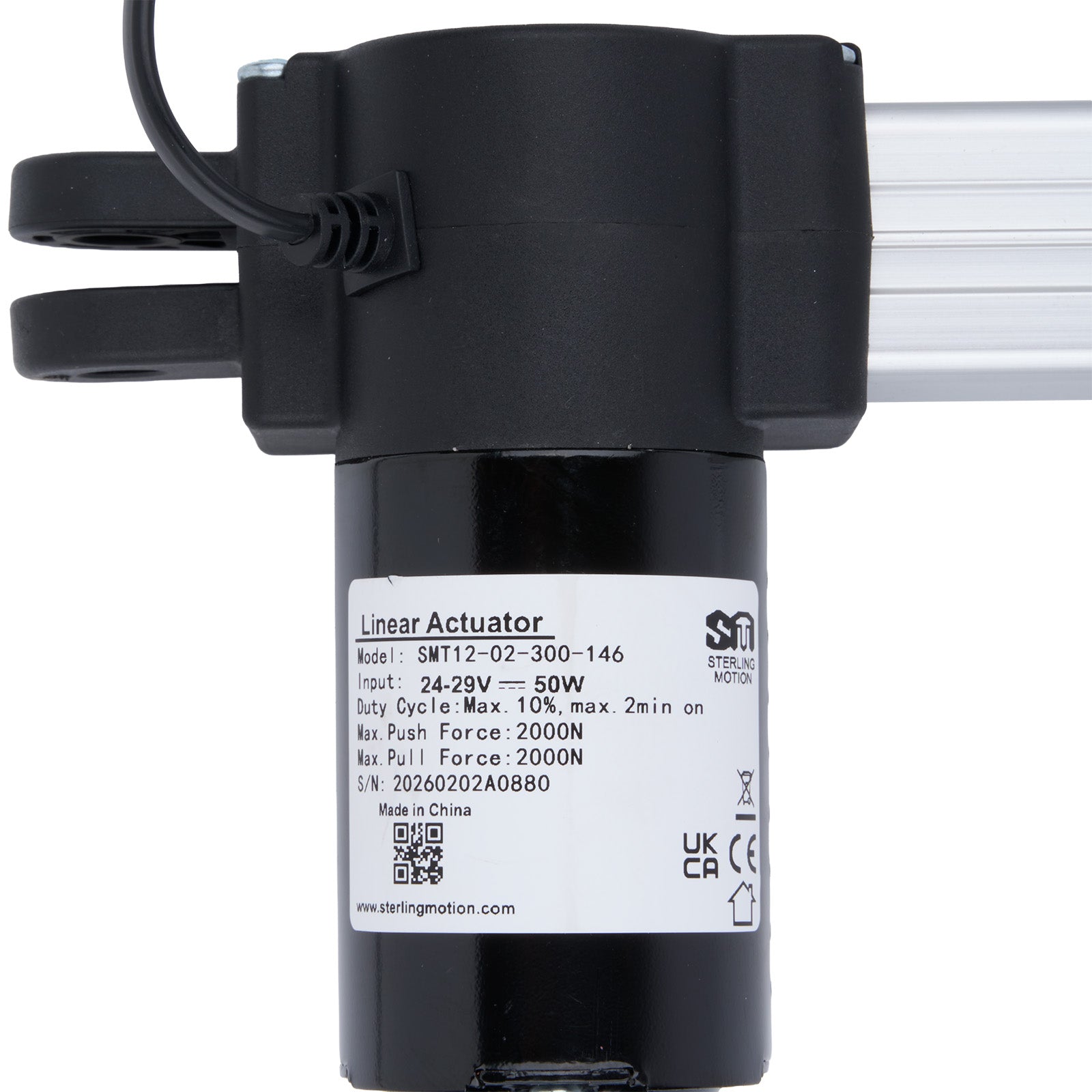 Linear actuator with label on a white background