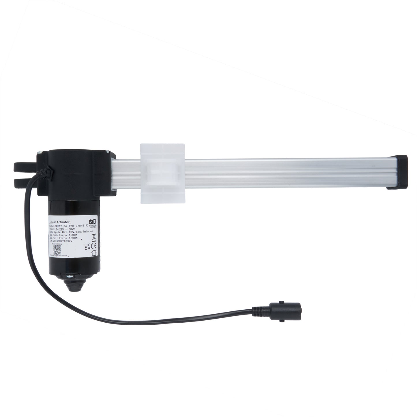 A black and silver linear actuator, consisting of a motor unit and a piston rod, with a cable and plug attached.