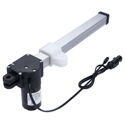 Electric actuator with a long arm and power cable on a white background