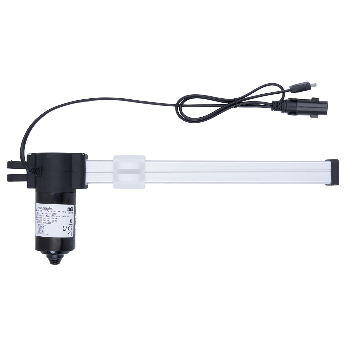 Electrical component with black housing and white cable on a white background