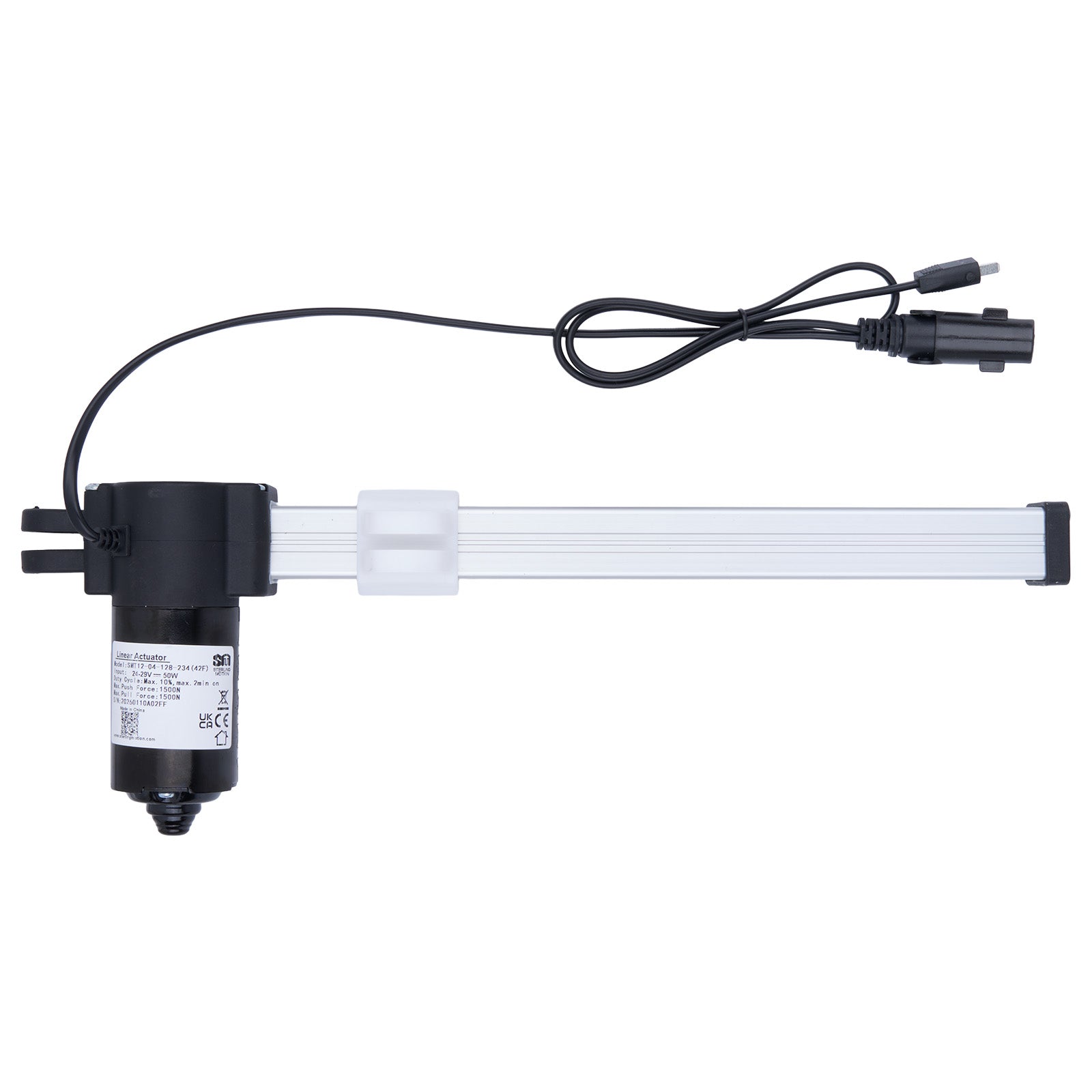 Electrical component with black housing and white cable on a white background