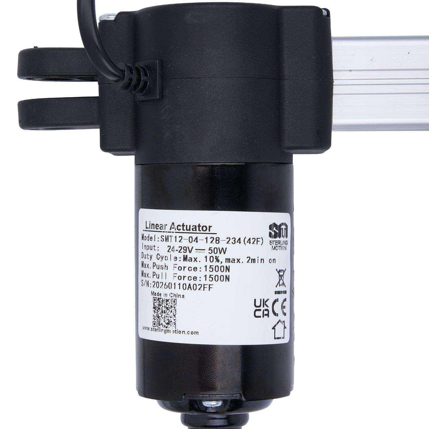 Black linear actuator with label on a white background